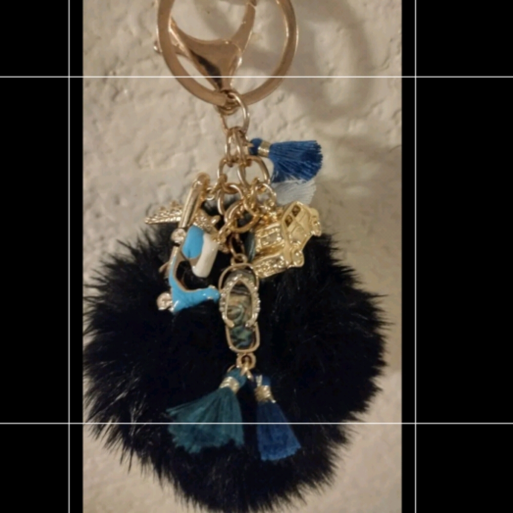 Black Pom Pom Bag Charm-Keychain w/Travel Inspired Charms